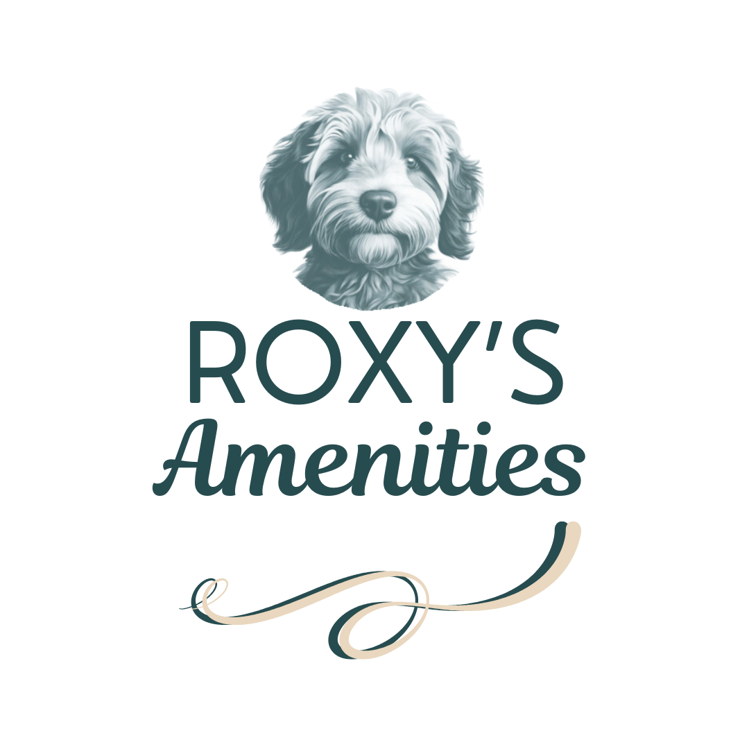 Logo for Roxy's Amenities featuring a gray and white illustrated dog face and elegant text.