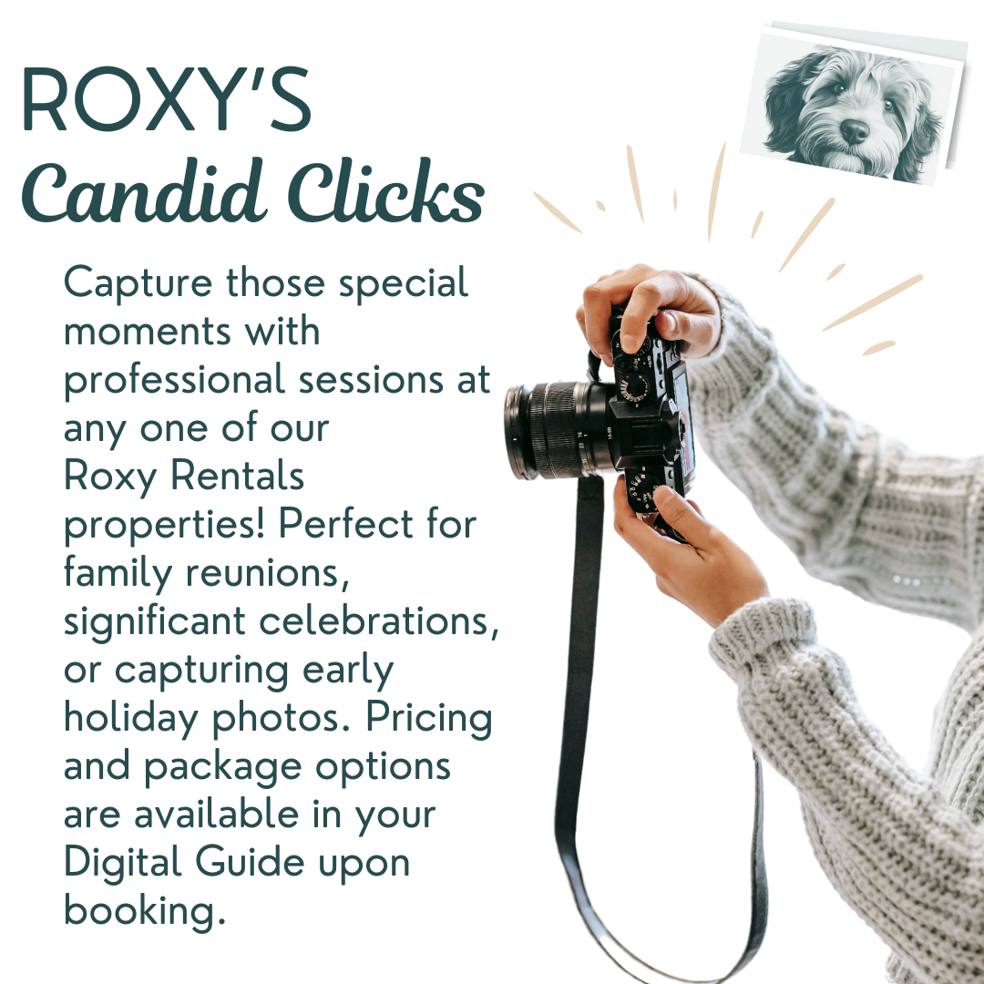 Text advertisement for Roxy's Candid Clicks featuring a person holding a camera, with a photo of a dog above.