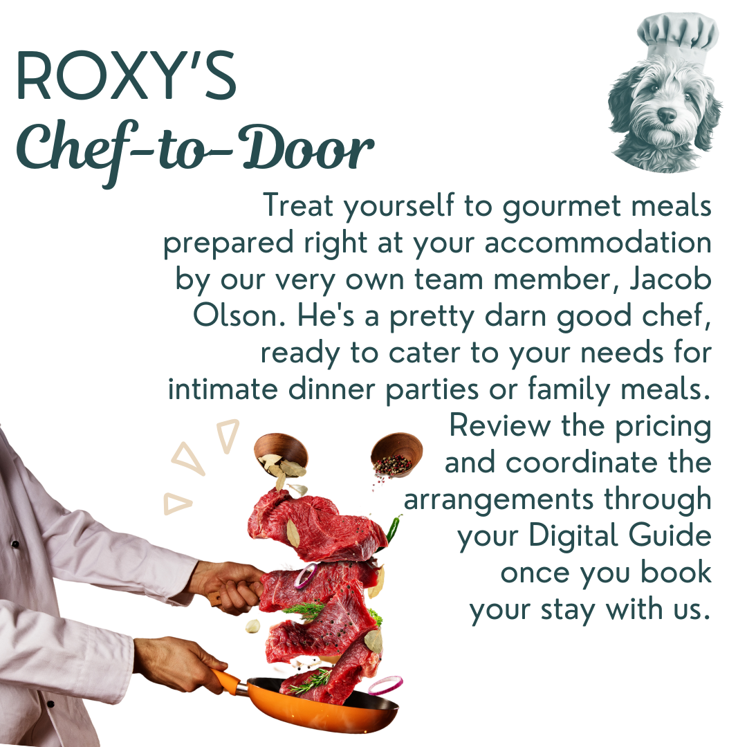 Promotional flyer for Roxy's Chef-to-Door service featuring a cartoon dog wearing a chef's hat in the top right corner, and a photo of a person cooking with ingredients and herbs in a frying pan on the left side.