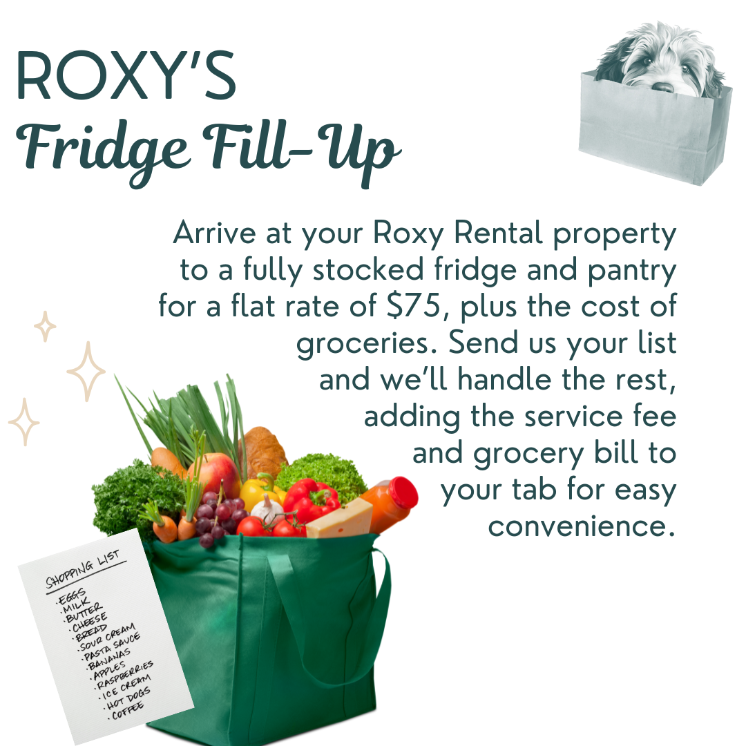 Flyer for Roxy's Fridge Fill-Up showing a grocery bag filled with fresh vegetables, a shopping list, and a small image of a dog in a box.