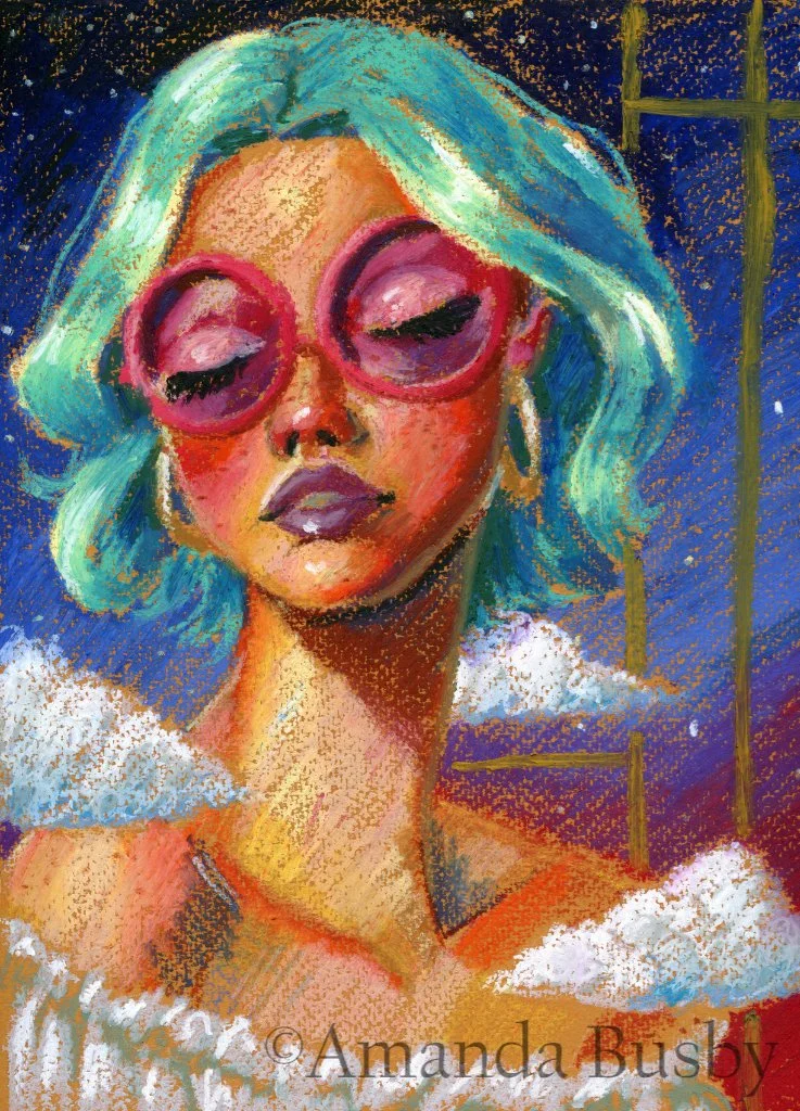 "La La Land" by Amanda Busby. 2025. Oil Pastels on Pastel Paper. 9" x 12" (Available)
