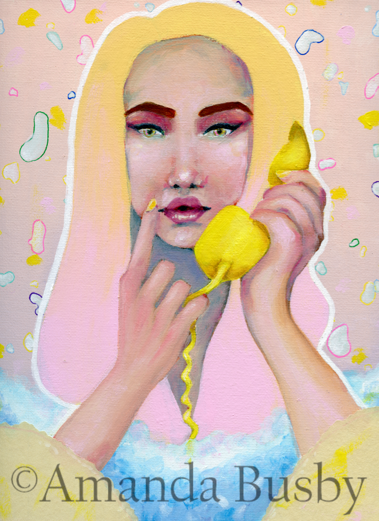 "Bubblegum Brat" by Amanda Busby. 2022. Mixed Media on Canvas Board. 9" x 12" (Available)