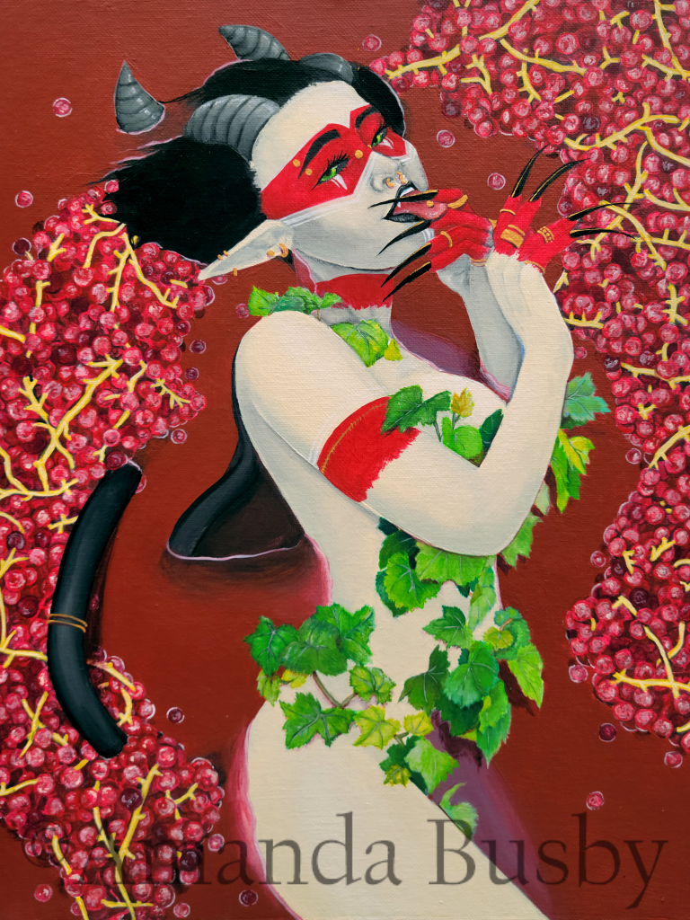 "Fruit Demon" by Amanda Busby. 2022. Acrylic on Canvas Board. 12" x 16" (Available)