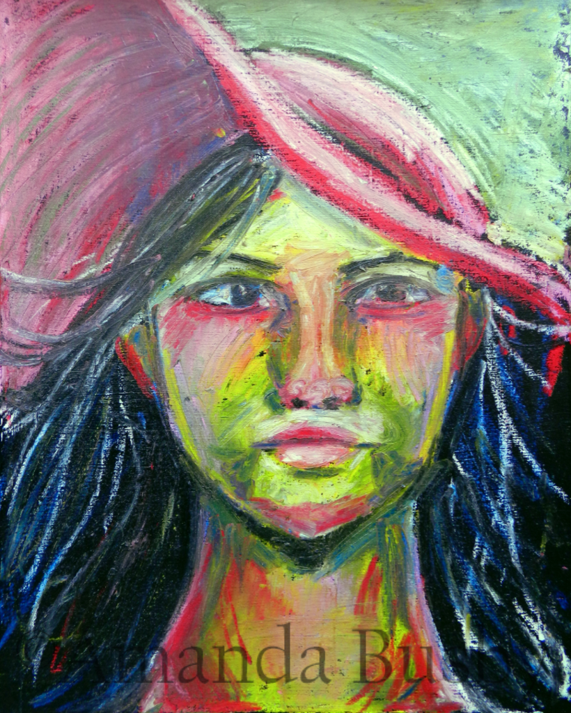 "Lady with the Pink Hat" by Amanda Busby. 2017. Oil Paint Sticks on Canvas. 16" x 20" (Available)