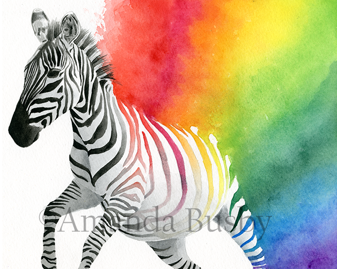 "Rainbow Zebra" by Amanda Busby. 2018. Watercolour on Watercolour Paper. 8" x 10" (Available)