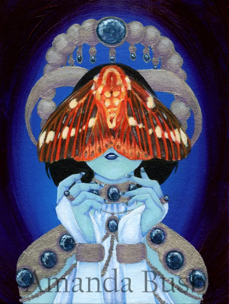 "Saturniidae" by Amanda Busby. 2022. Acrylic on Canvas Panel. 6" x 8" (Available)