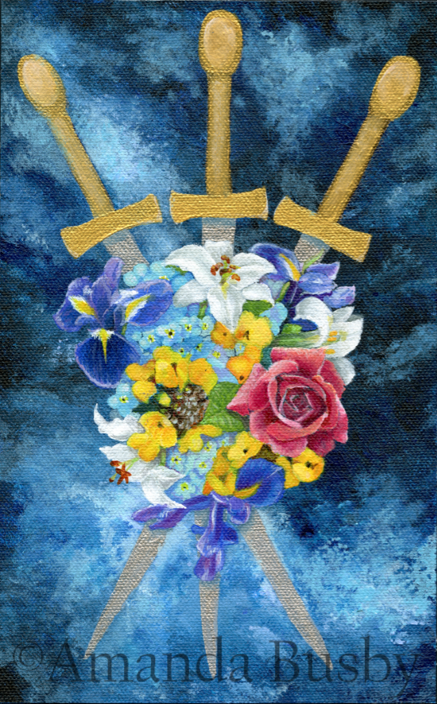 "Three of Swords" by Amanda Busby. 2021. Acrylic Paint on Canvas Paper. 5" x 8" (Sold)