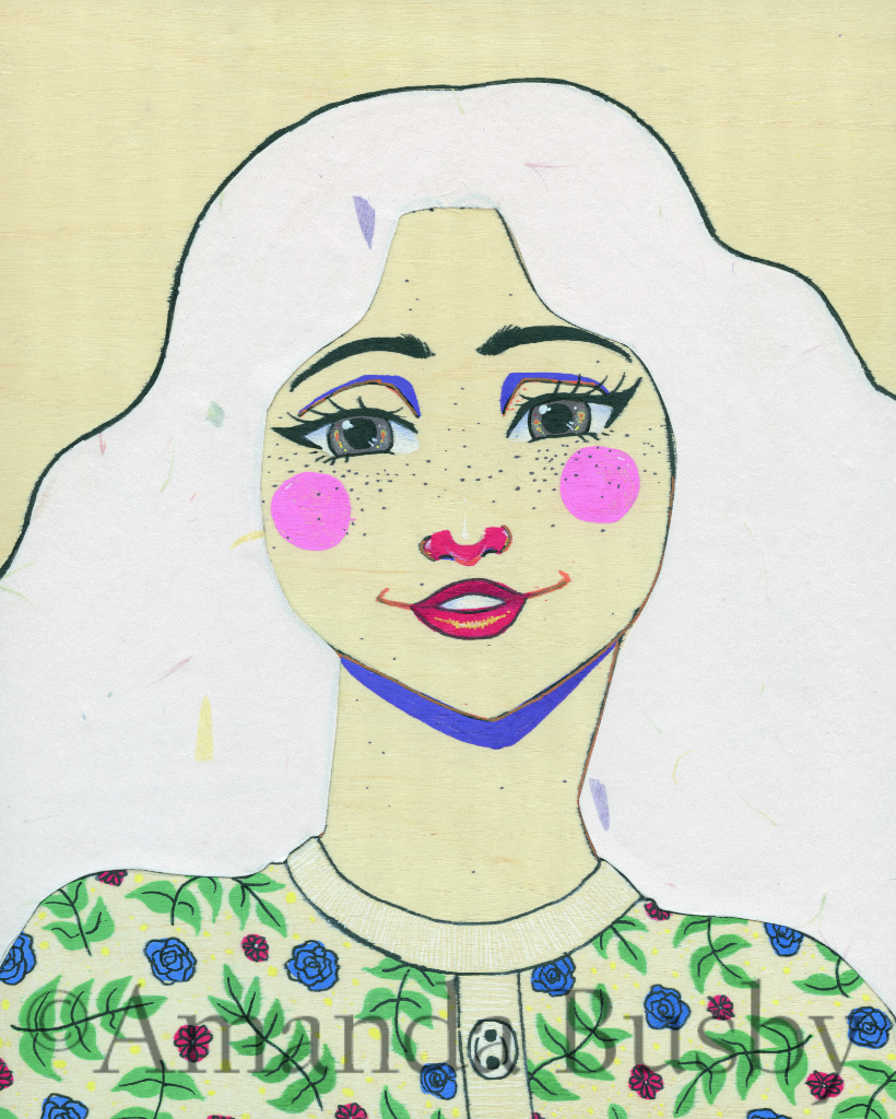 "Mixed Media Girl" by Amanda Busby. 2021. Mixed Media on Wood Panel. 8" x 10" (Available)