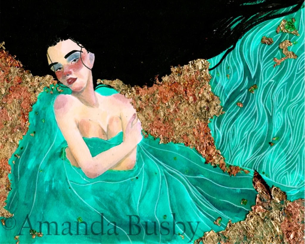 "Lady Lagoon" by Amanda Busby. 2021. Mixed Media on Watercolour Paper. 8" x 10" (Available)