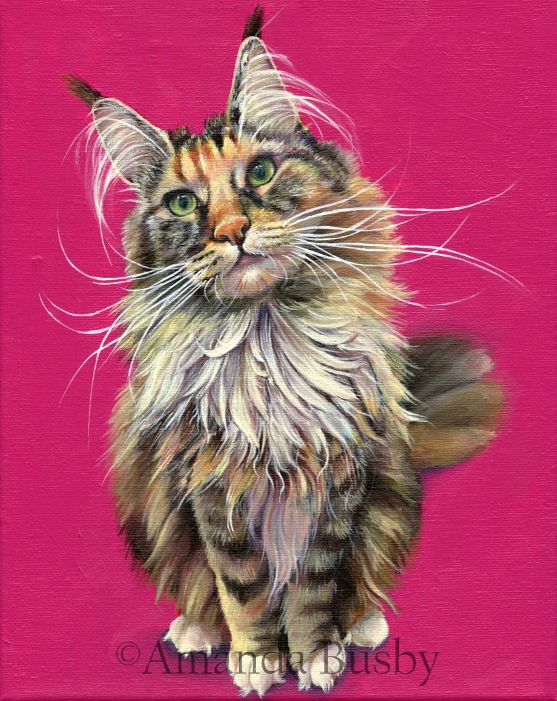 Painting of a long-haired, maine coon cat with green eyes, against a pink background.