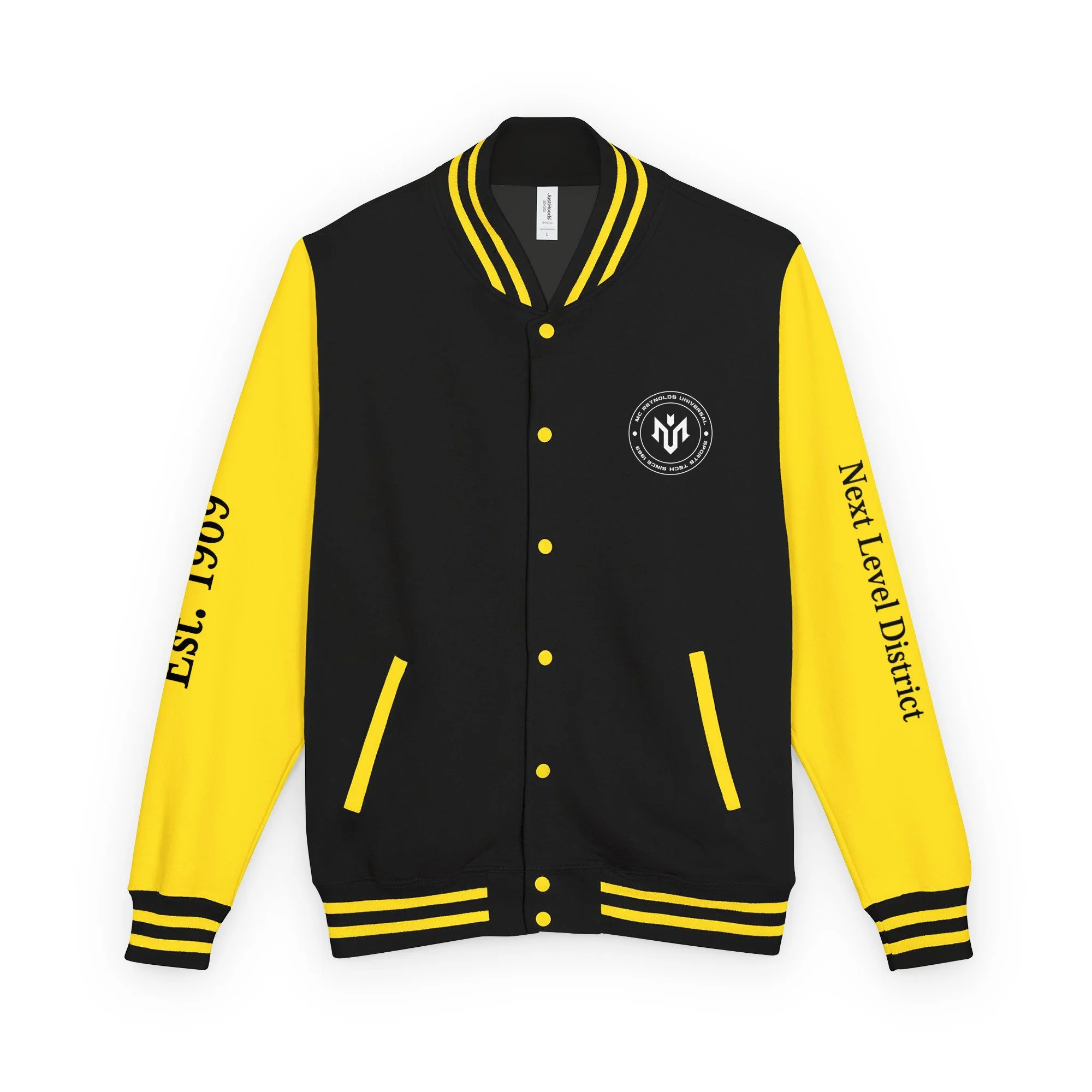 unisex-heavyweight-letterman-jacket-jet-black-sun-yellow-front-6a1d818e0e2d8.jpg