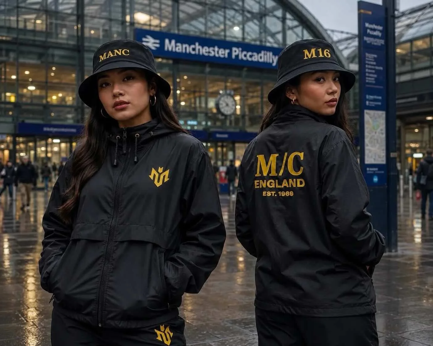 Shop M.U.S.T. Fit Sports streetwear: two women wearing black windbreakers and bucket hats outside Manchester Piccadilly station.