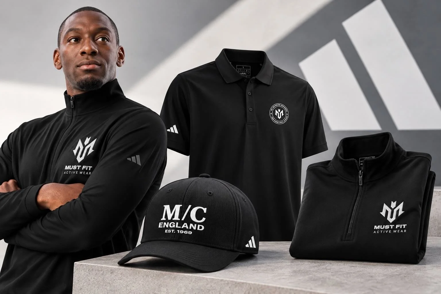 M.U.S.T. Fit® Sports Adidas Collection featuring a black embroidered half-zip pullover, polo shirt and M/C England baseball cap.