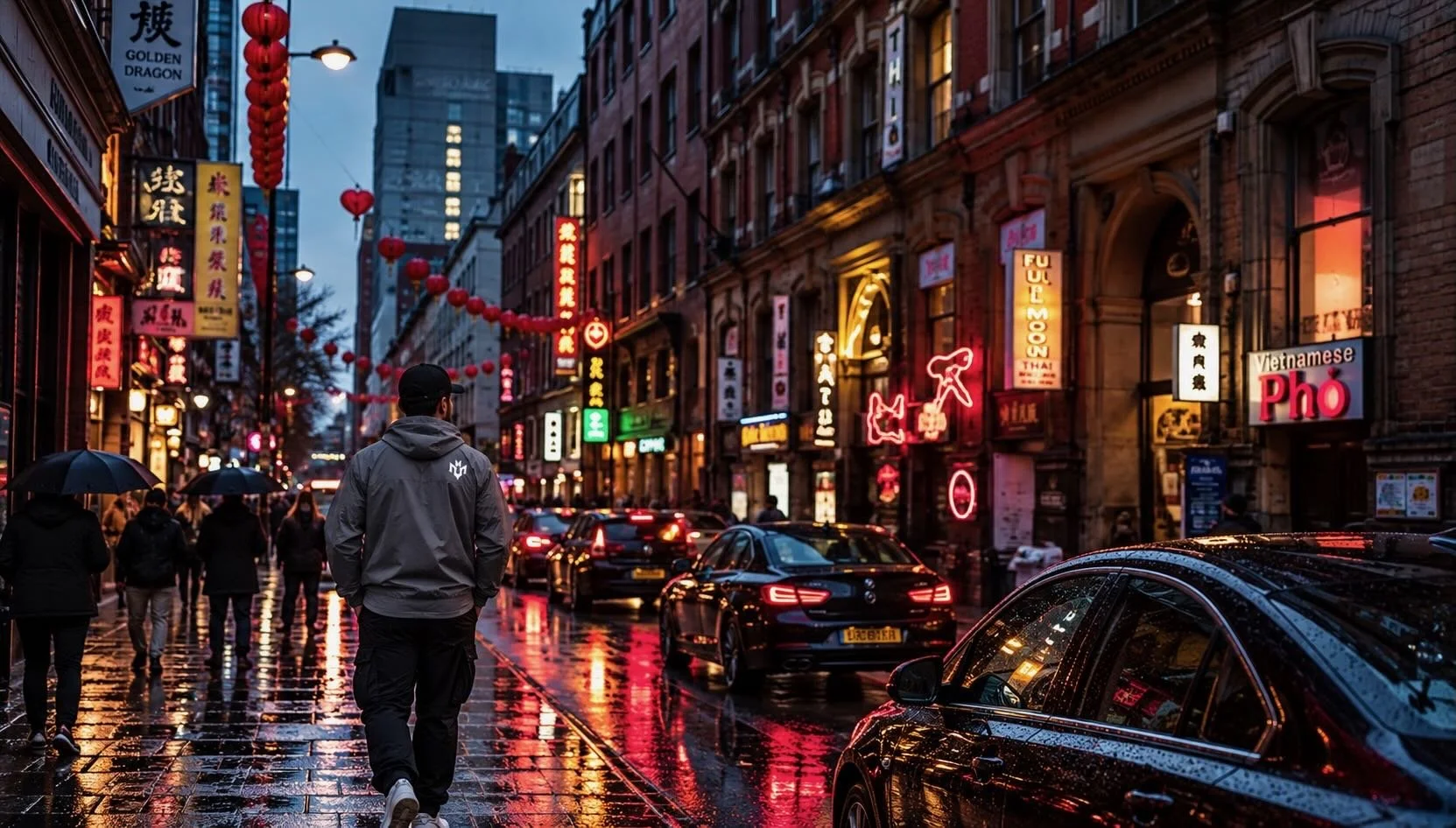 A person wearing a windbreaker walking through Manchester on a wet, overcast day surrounded by the city’s distinctive urban architecture.