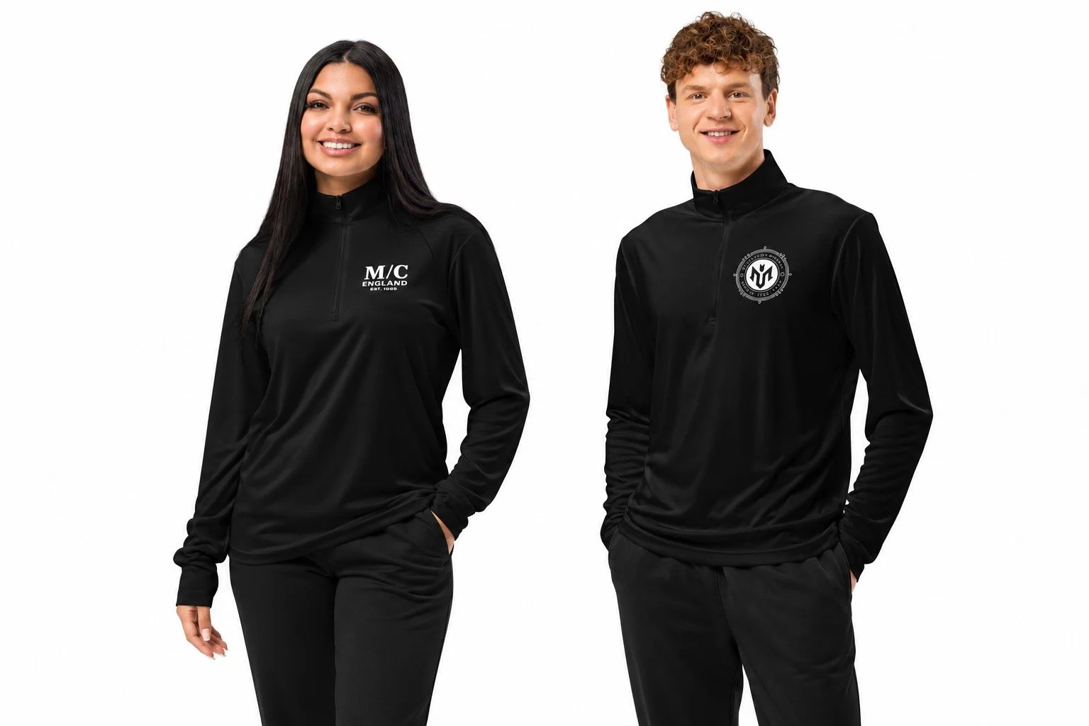 Two models wearing black M.U.S.T. Fit® Sports lightweight quarter-zip pullovers with matching black joggers, showing coordinated dark gym outfits for men and women.