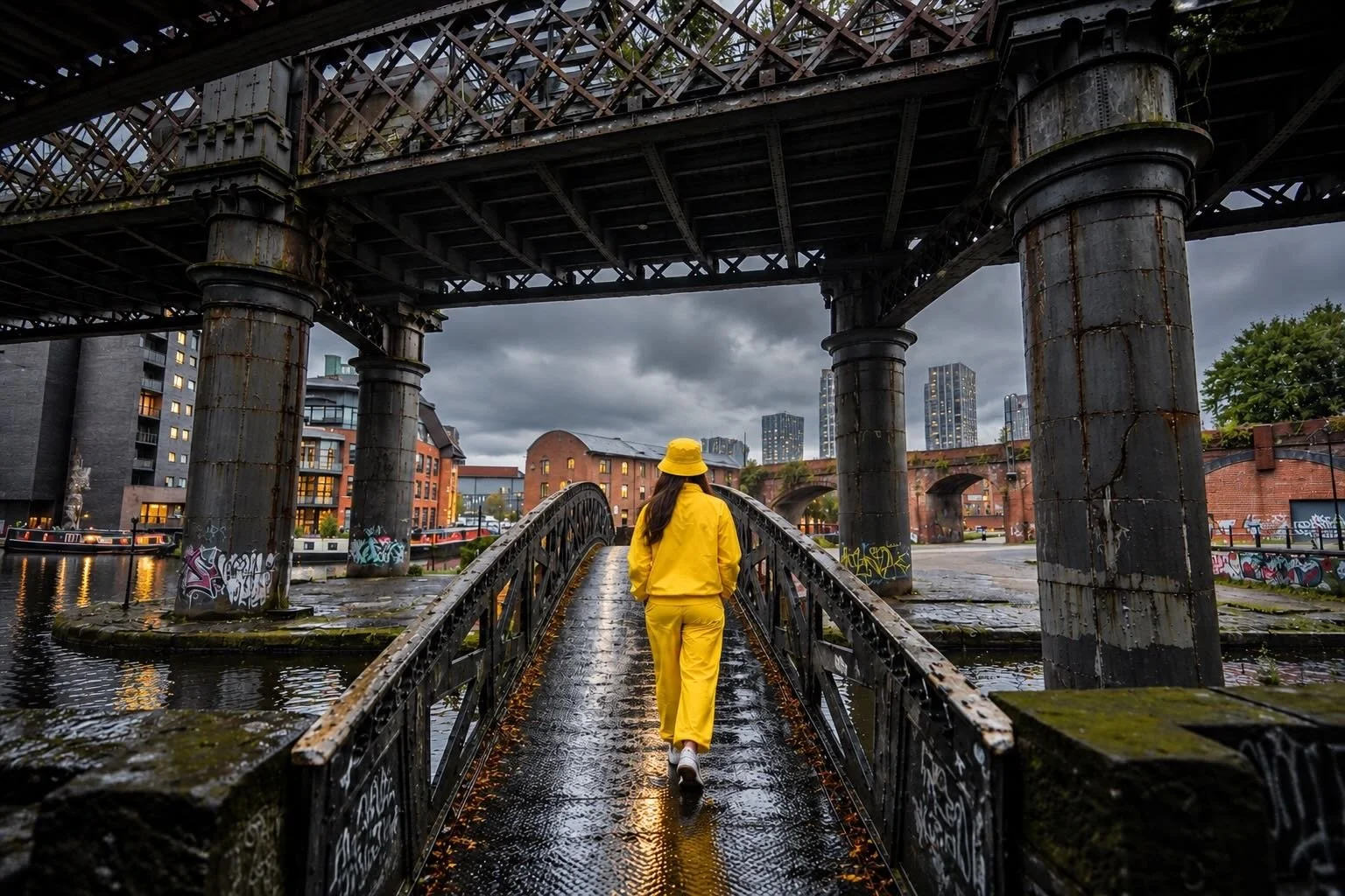 A woman in a bright yellow windbreaker and matching bucket hat walks across a wet industrial bridge in Manchester beneath dark railway arches on a gloomy, rain-soaked day.