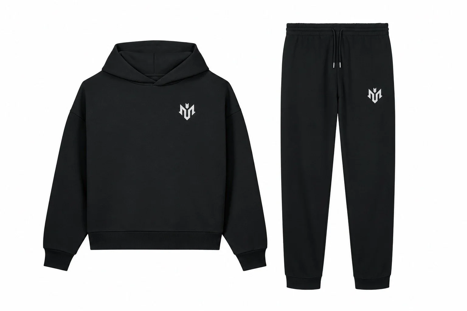 M.U.S.T. Fit® Sports black 500 GSM Sculpted Heavyweight Hoodie and matching black 350 GSM heavyweight joggers, displayed side by side.