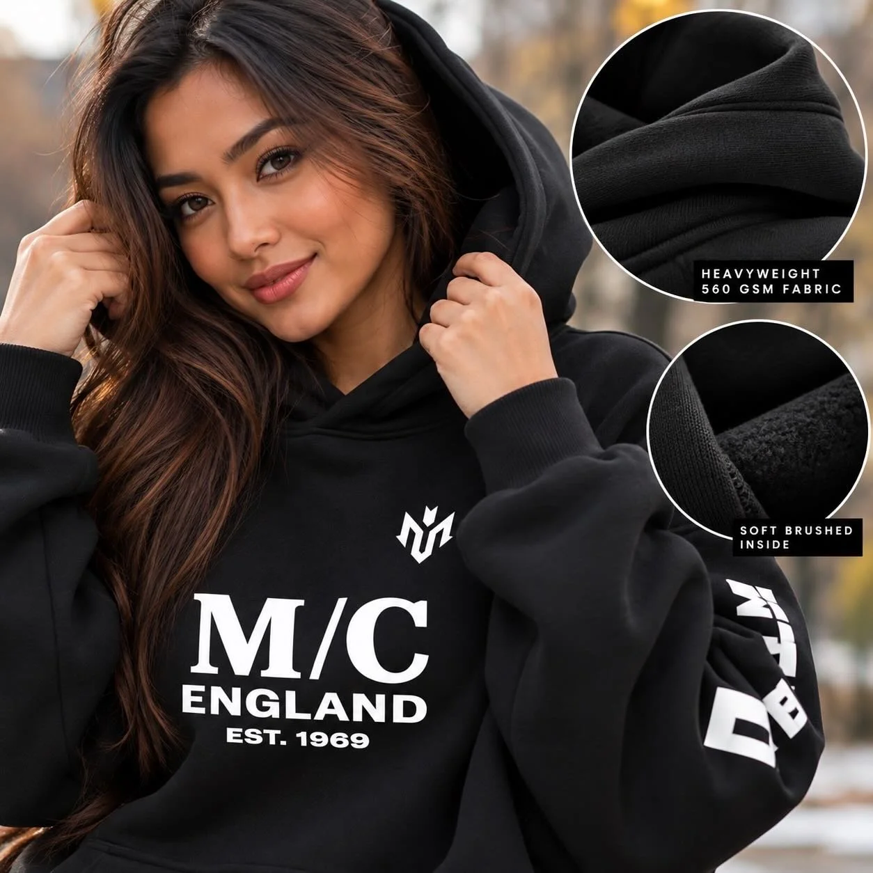 Close-up of M.U.S.T. Fit® Sports 560 GSM heavyweight hoodie fabric and double-layer hood