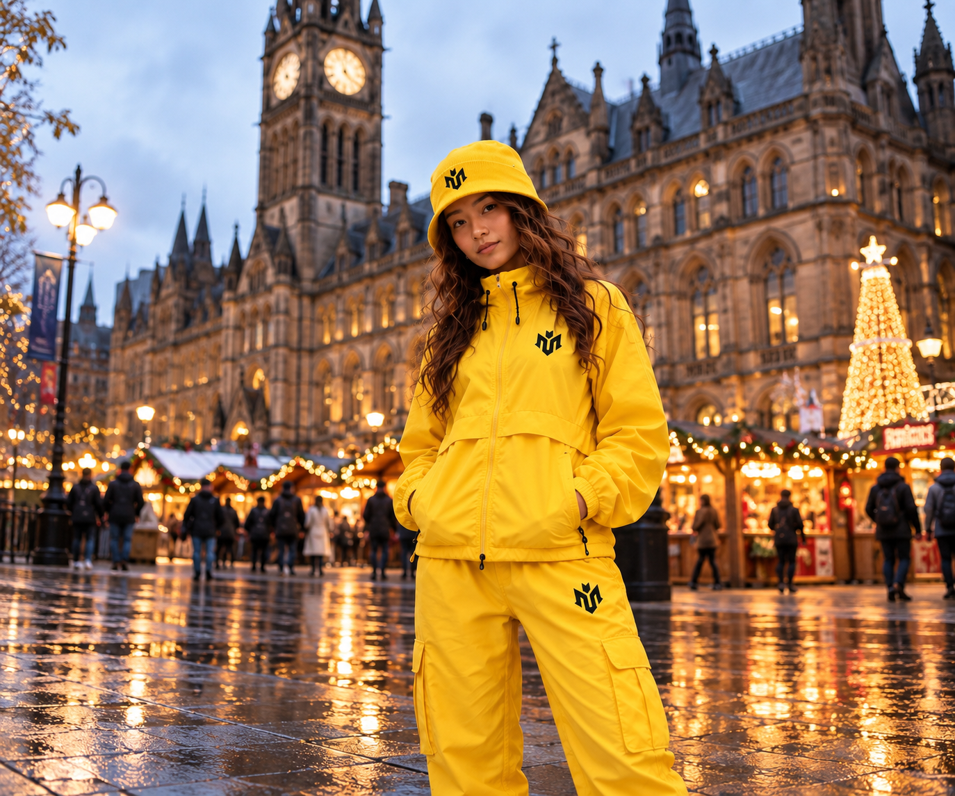 Woman wearing a yellow cuffed beanie and matching yellow streetwear outfit in front of Manchester Town Hall at the Christmas markets.