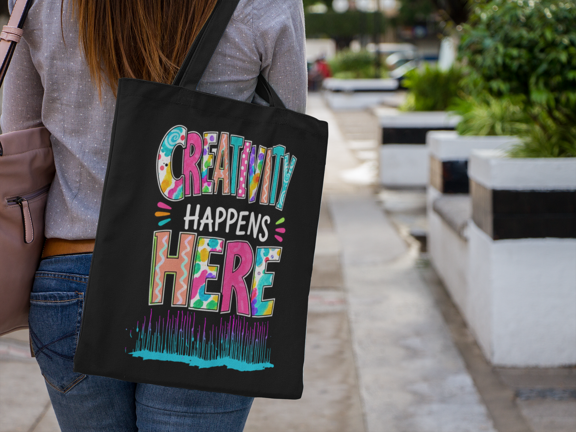 Creativity Happens Here Tote Bag — Colorful Canvas Shopper