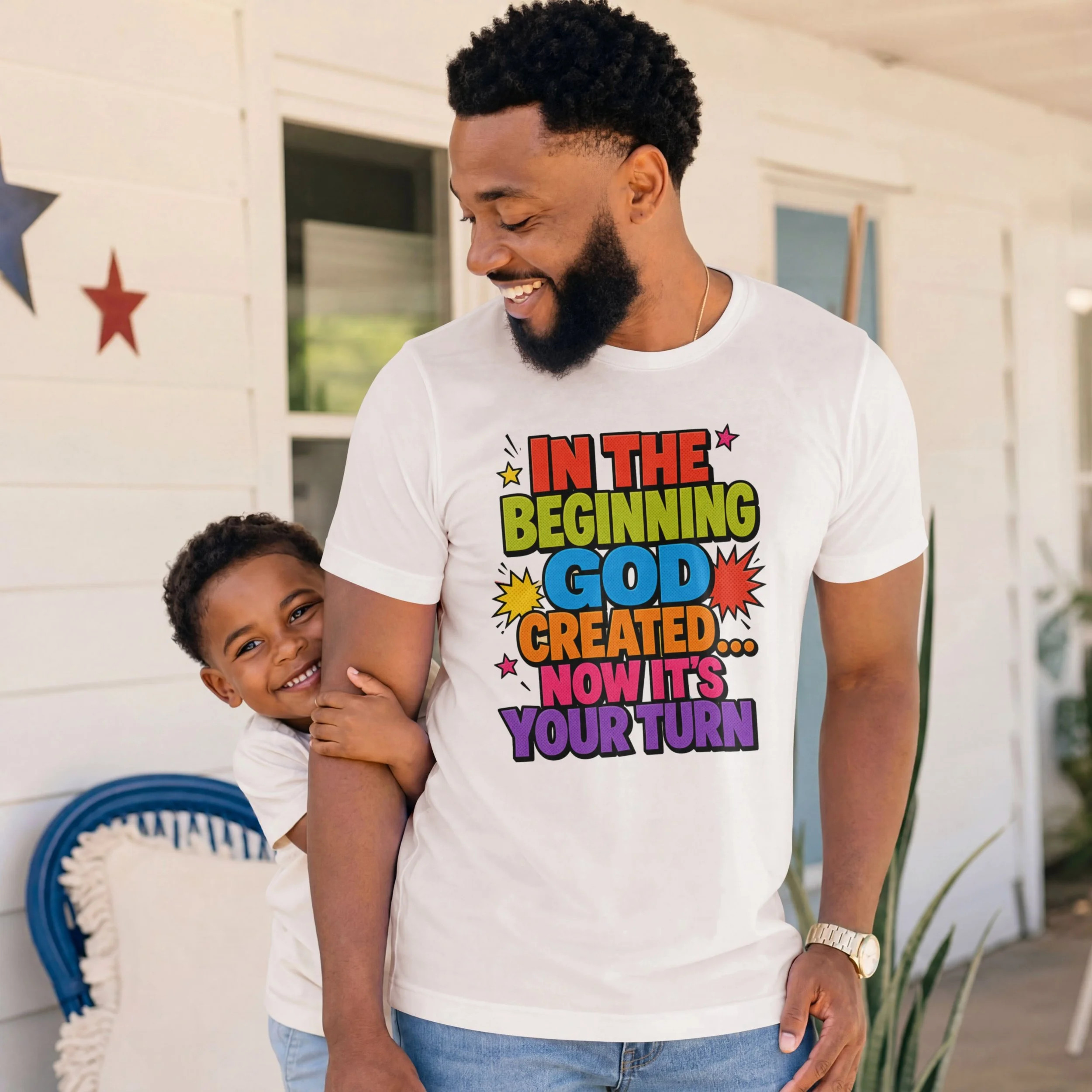 T-Shirt — "In the Beginning God Created, Now It's Your Turn" Colorful Inspirational Tee