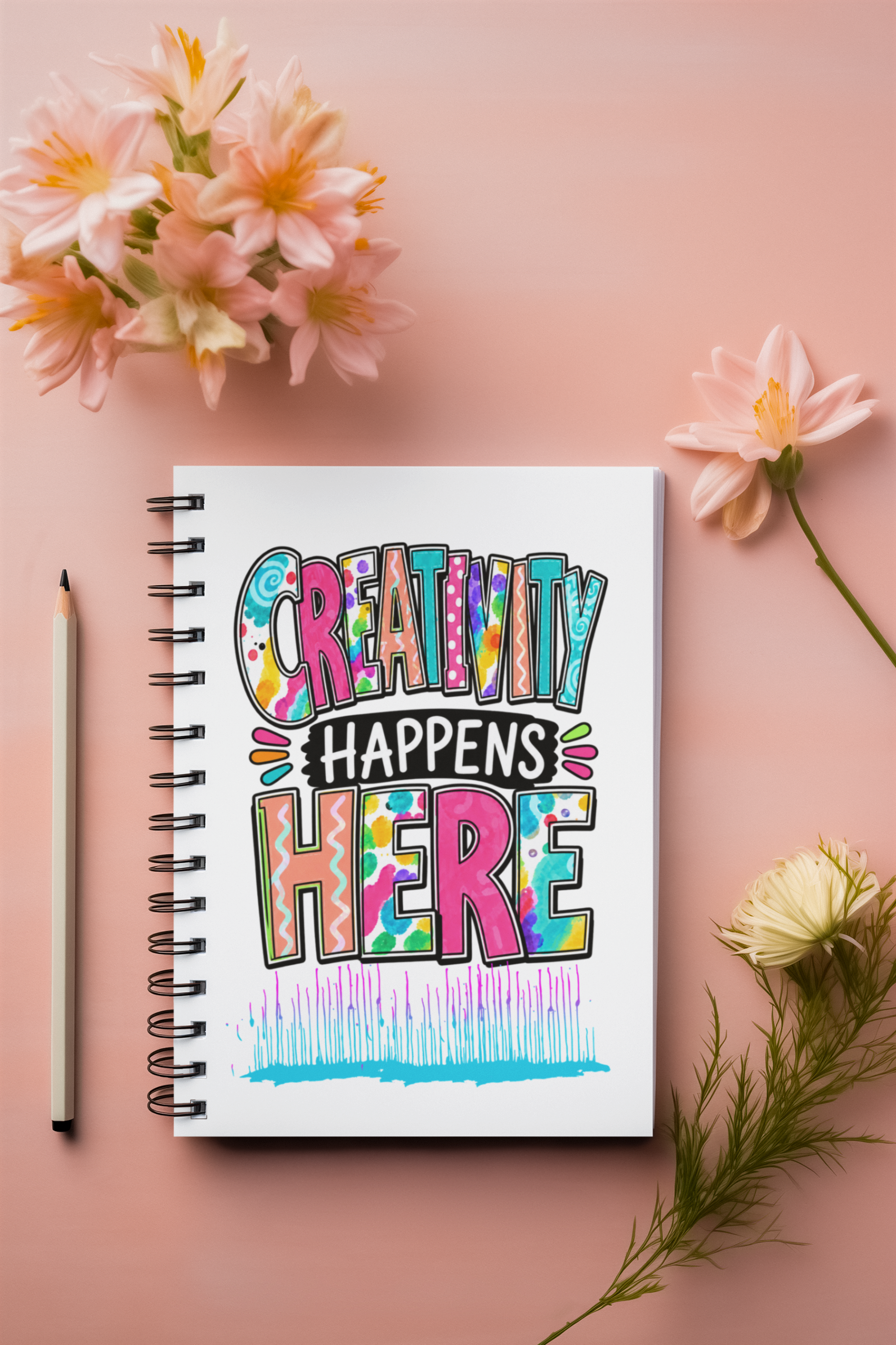 Creativity Happens Here Spiral Notebook — Colorful Doodle Ruled Journal