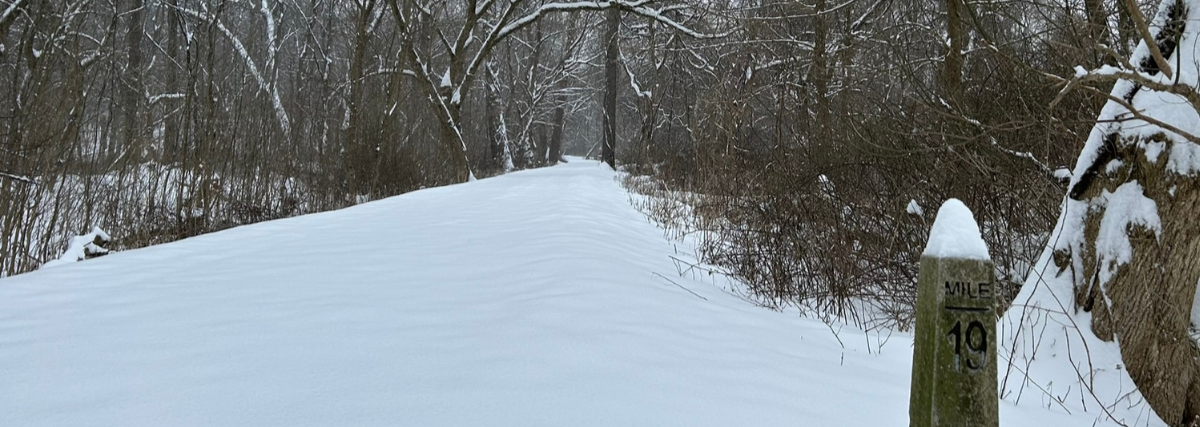 Snow-covered trail through a winter forest with no footprints, trees lining both sides, and a mile marker visible along the path.
