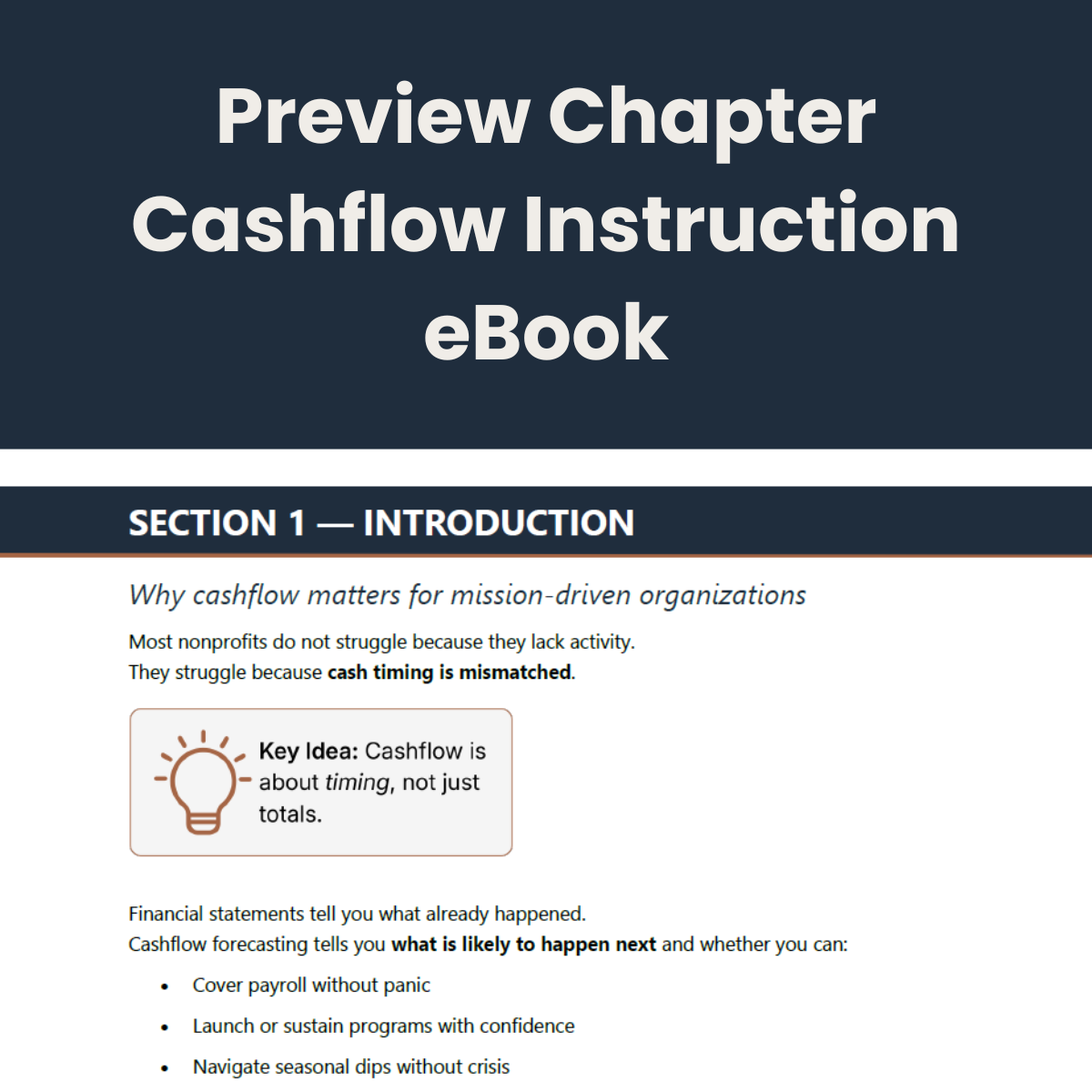 Thumbnail image of the Cashflow Instruction eBook preview featuring Section 1: Introduction, with a Key Idea callout and introductory text about cash timing for nonprofits. Title reads ‘Preview Chapter — Cashflow Instruction eBook.’