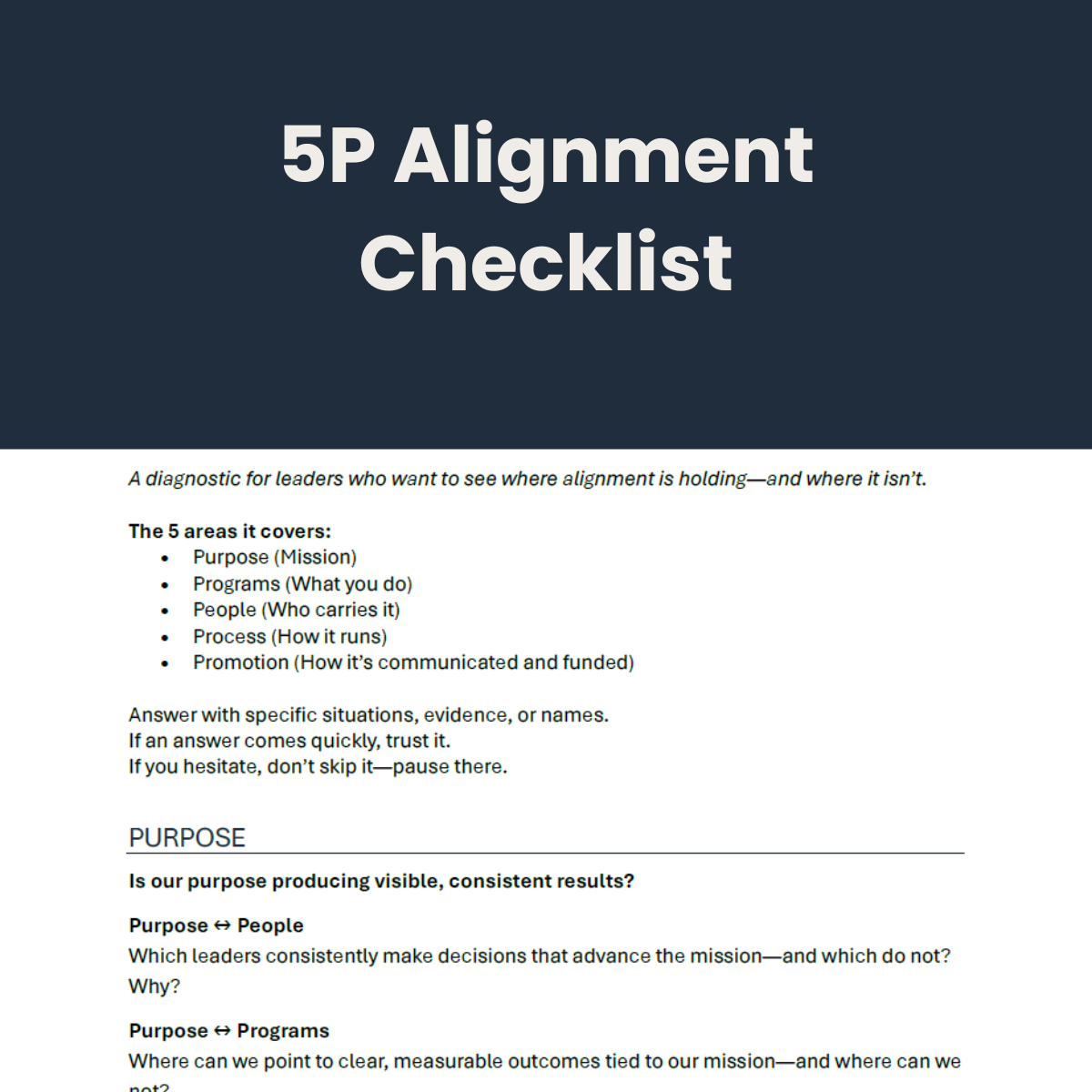 5P Alignment Checklist for nonprofit leaders to assess organizational alignment across mission, programs, people, process, and promotion.