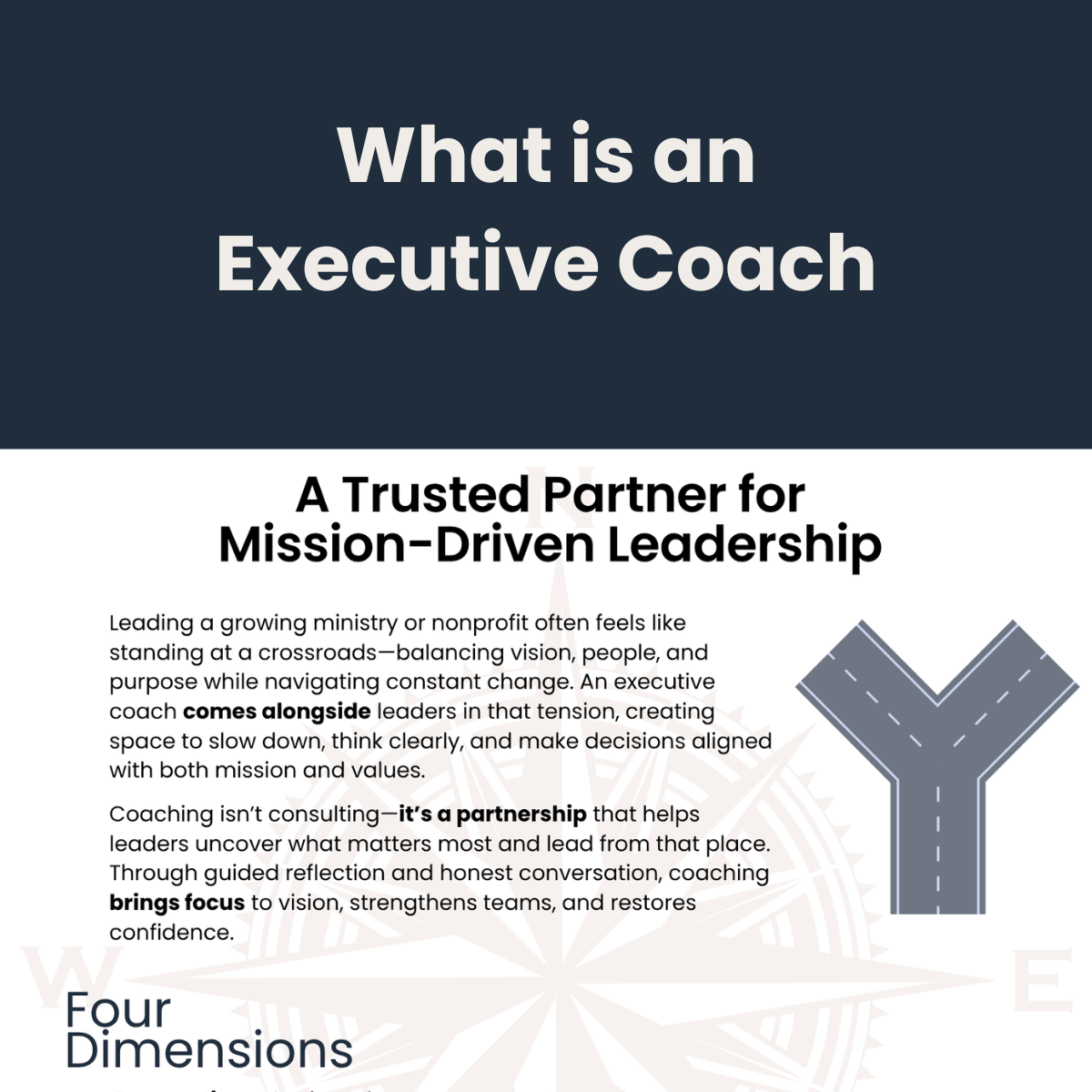 Thumbnail for downloadable guide ‘What Is an Executive Coach,’ showing a Y-shaped pathway graphic with navy and cream tones, representing leadership direction and clarity.