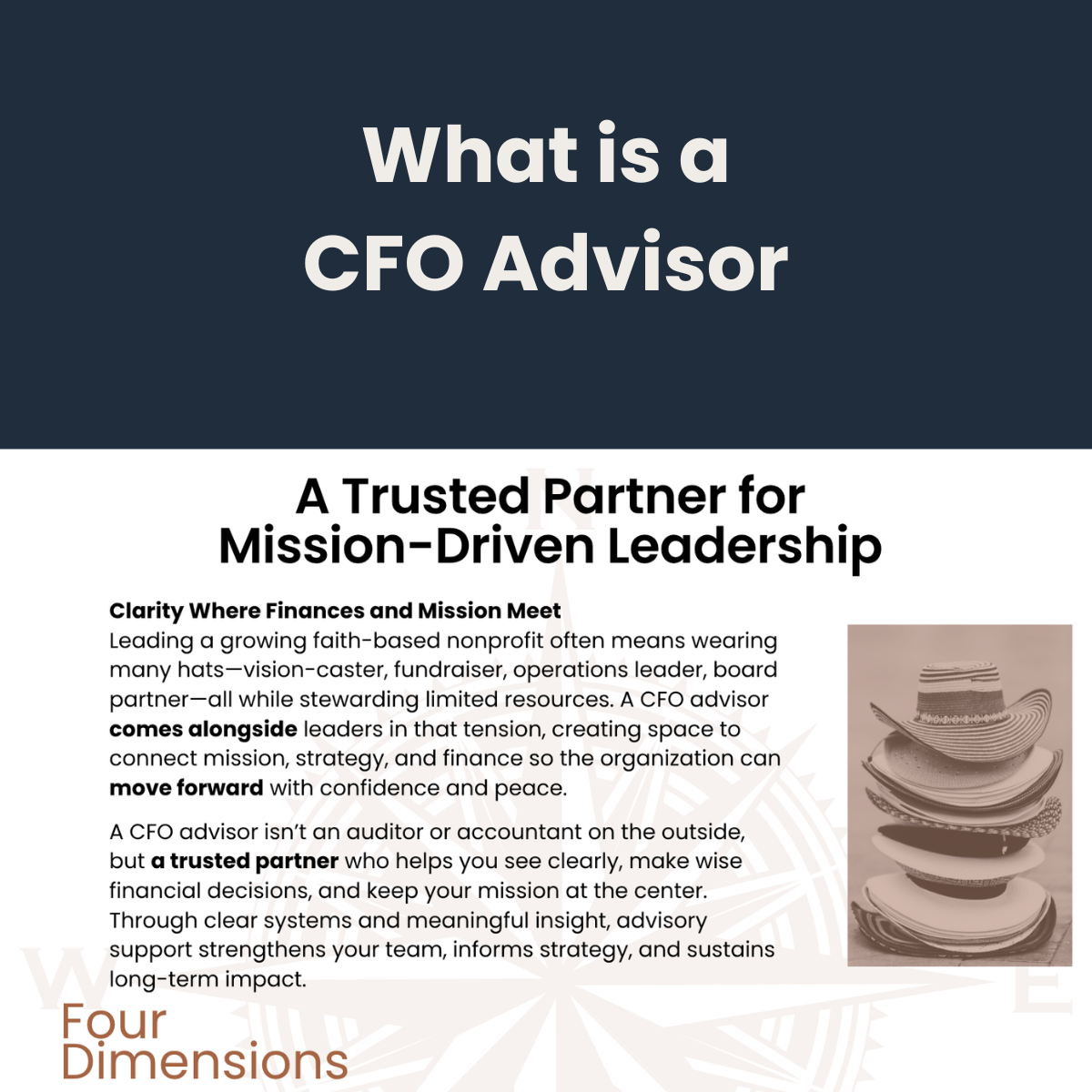 Thumbnail for downloadable guide ‘What Is a CFO Advisor,’ featuring stacked hats in copper tones symbolizing the multiple roles nonprofit leaders carry.