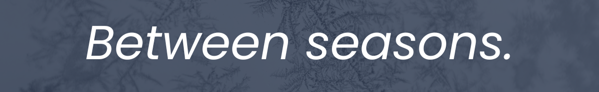 Minimal winter-toned background with subtle frost textures and the text “The work between seasons.”