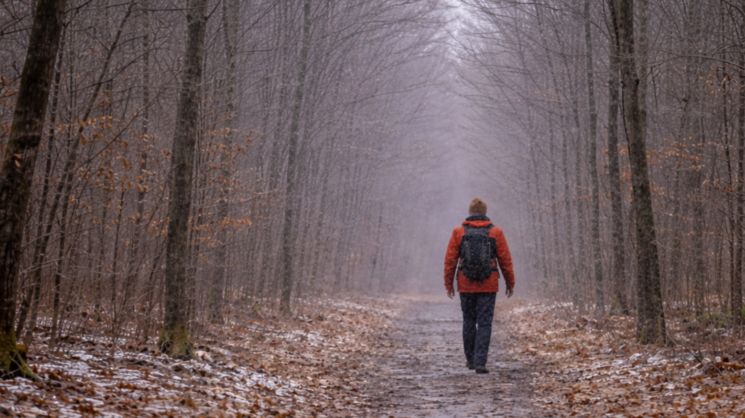 A person walking alone down a quiet winter forest trail, moving forward into unfamiliar territory.