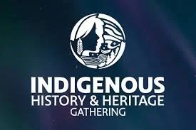 Logo for Indigenous History & Heritage Gathering with abstract art inside a circular graphic on a dark background.