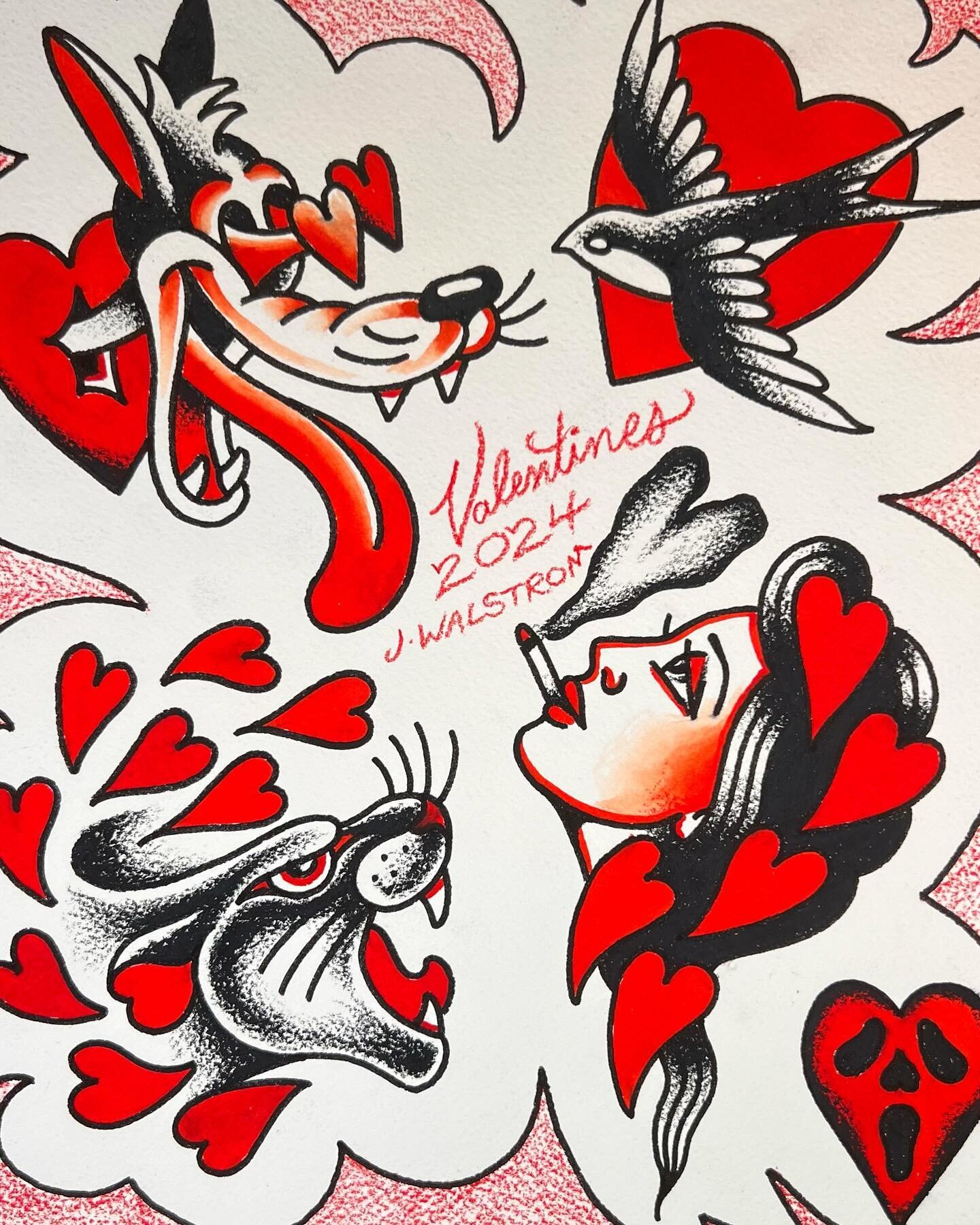 full design offerings!! 
❣️ @jasonwalstrom ❣️ @dusty.tat2 ❣️ @carbellatattoo ❣️@d.a.kvam ❣️ @jgunnzo ❣️ @jewelsidette ❣️

Wednesday February 14th, 12pm-7pm! Flash prices will range from $100 - $200! 

Around noon I will be going out to the line to ge