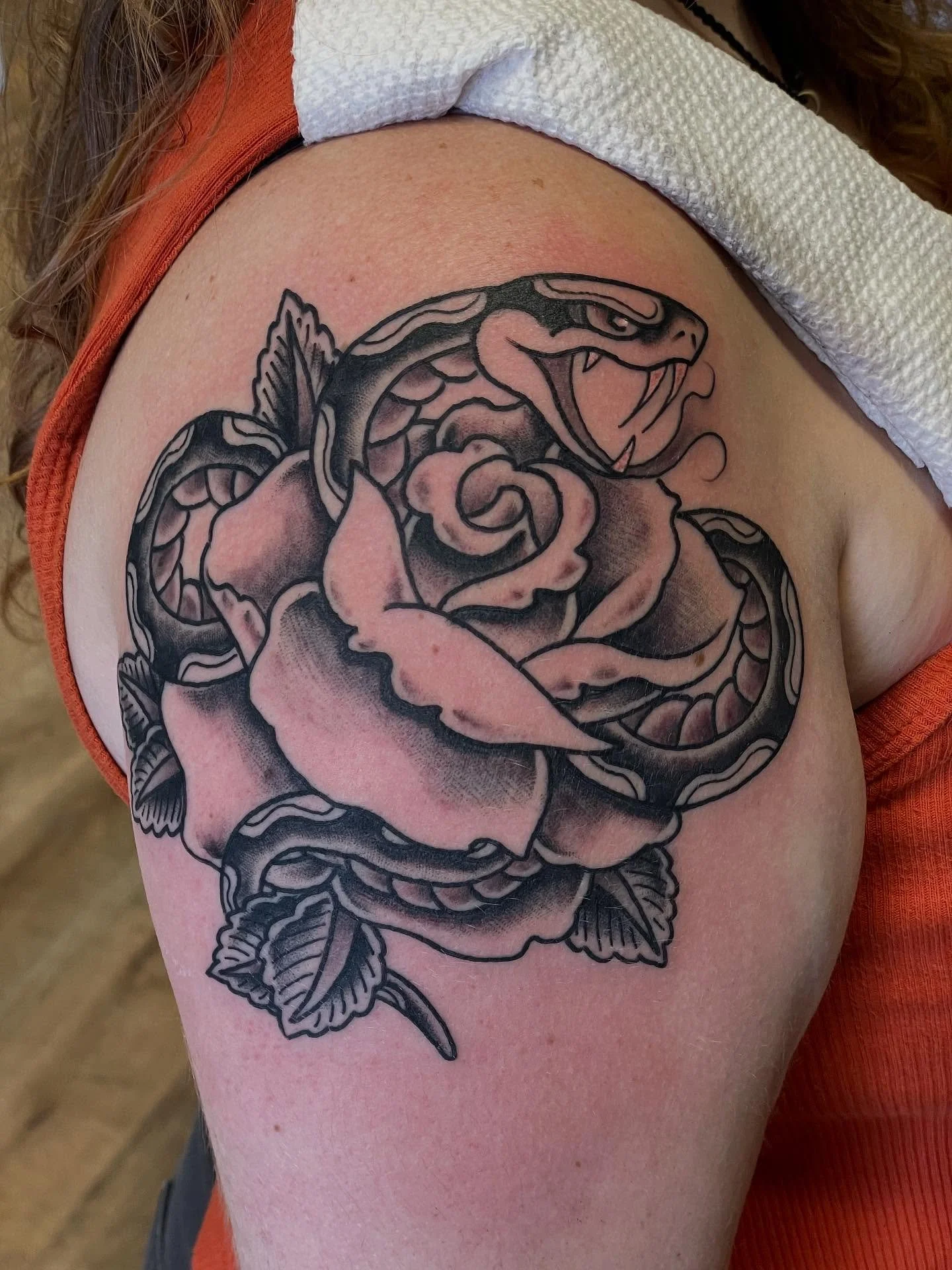 snake n&rsquo; rose from Dave! DM Dave directly or email kvamcotattoos@gmail.com! He&rsquo;s got some super sick available flash 😎