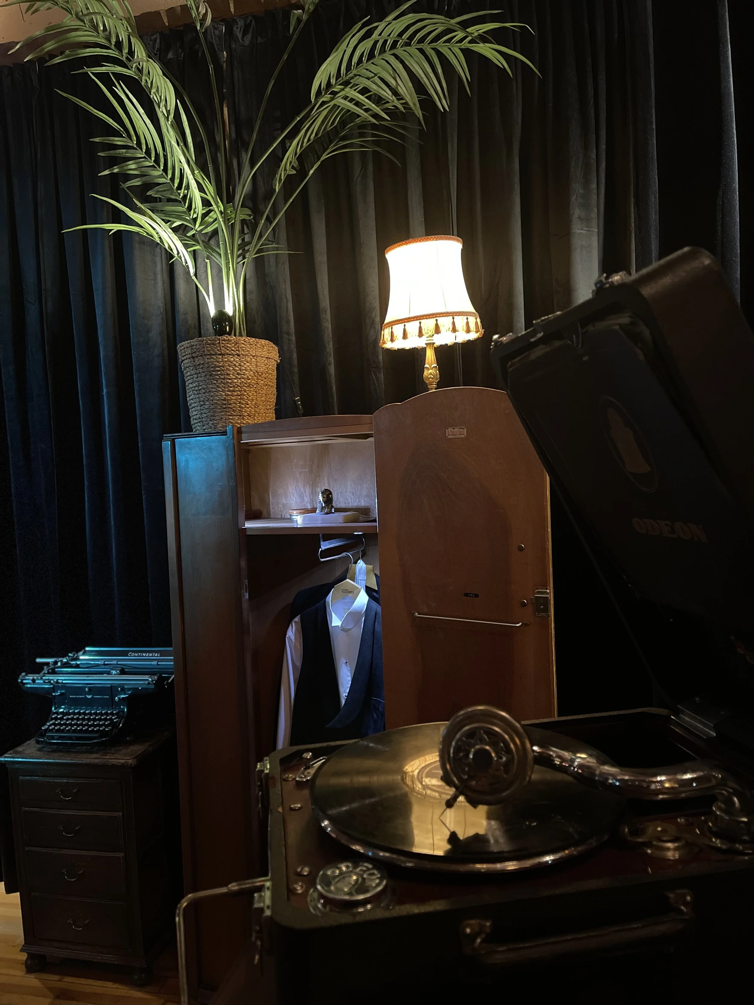 Et rom med en stor plante i en kurv, en lampe med skjerm som lyser, en klarinett, en klesskap med en dress, og en platespiller.