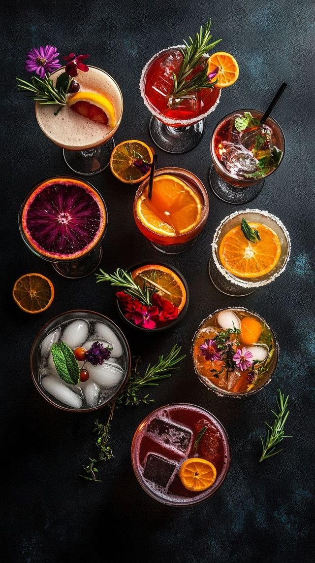 Bilde av ni ulike cocktailer med pynt av frukt, blomster og urter, plassert på en mørk bakgrunn.