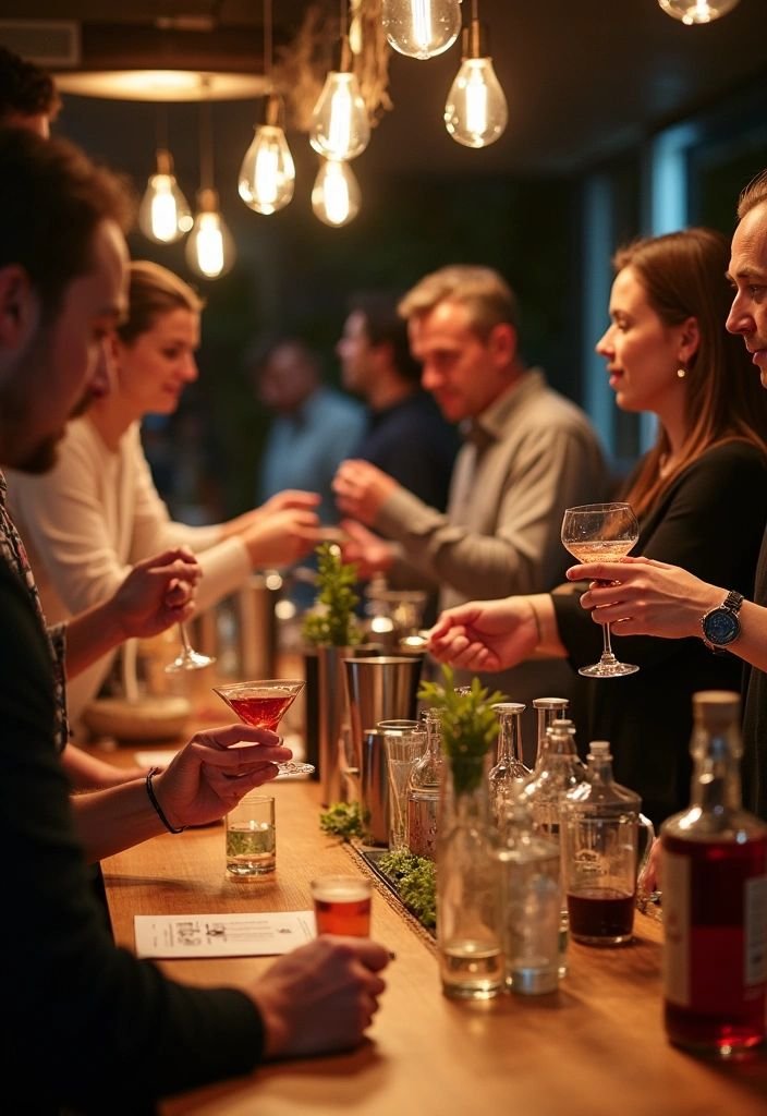 En gruppe mennesker som nyter drinker i en bar med varmt belysning og dekorative lyspærer.