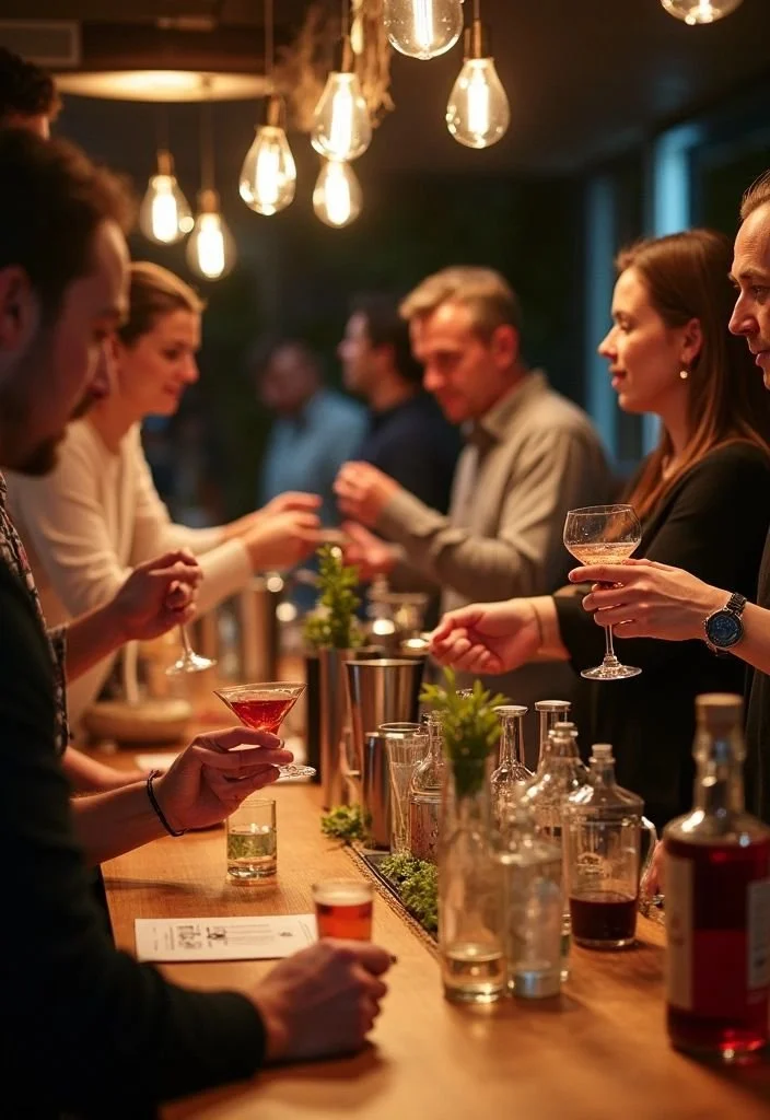 Personer som nyter cocktails på en bar, med varme lysregnende Edison-pærer hengt over bardisken.
