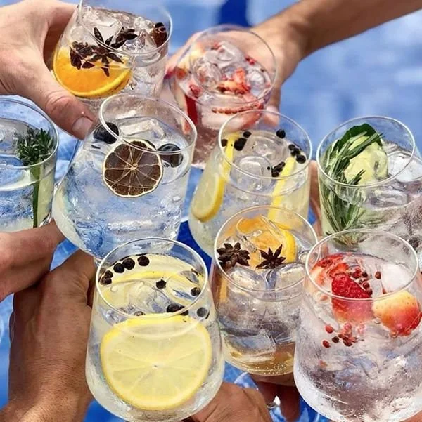 Gruppe med folk som skåler med glass fylt med forskjellige alkoholholdige drikker med sitrus, bær og urter.