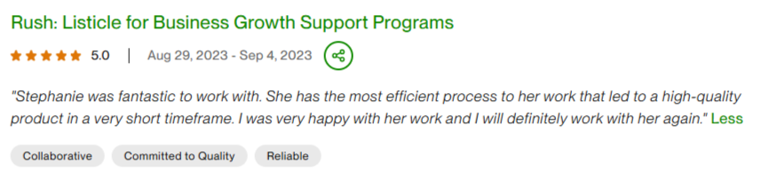 screenshot of testimonial from client project on Upwork