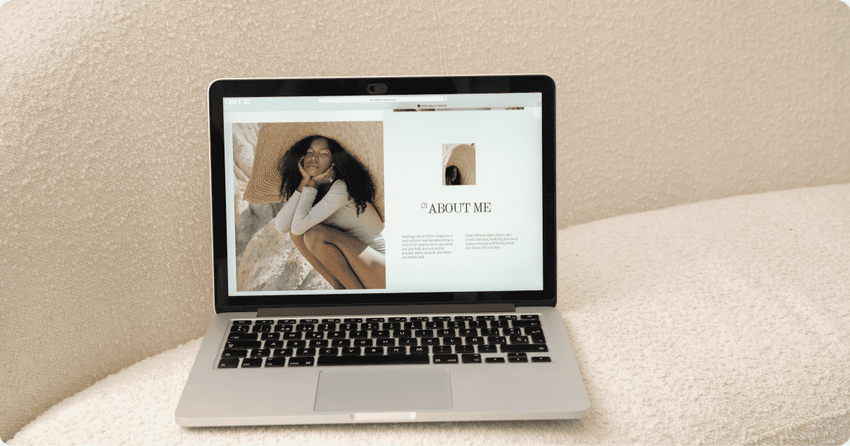 photo of laptop with about me page displayed and an image of a model posing