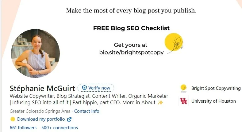 Screenshot of Stephanie's LinkedIn profile