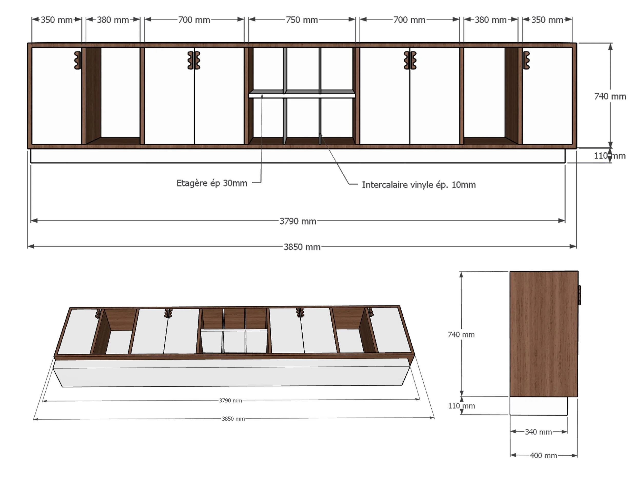 Dessin technique 3D détaillé d'un meuble buffet platine vinyle en bois sur mesure, montrant les vues de face, de dessus et de côté, y compris les étagères, les compartiments et les dimensions générales pour les ranger les vinyle.