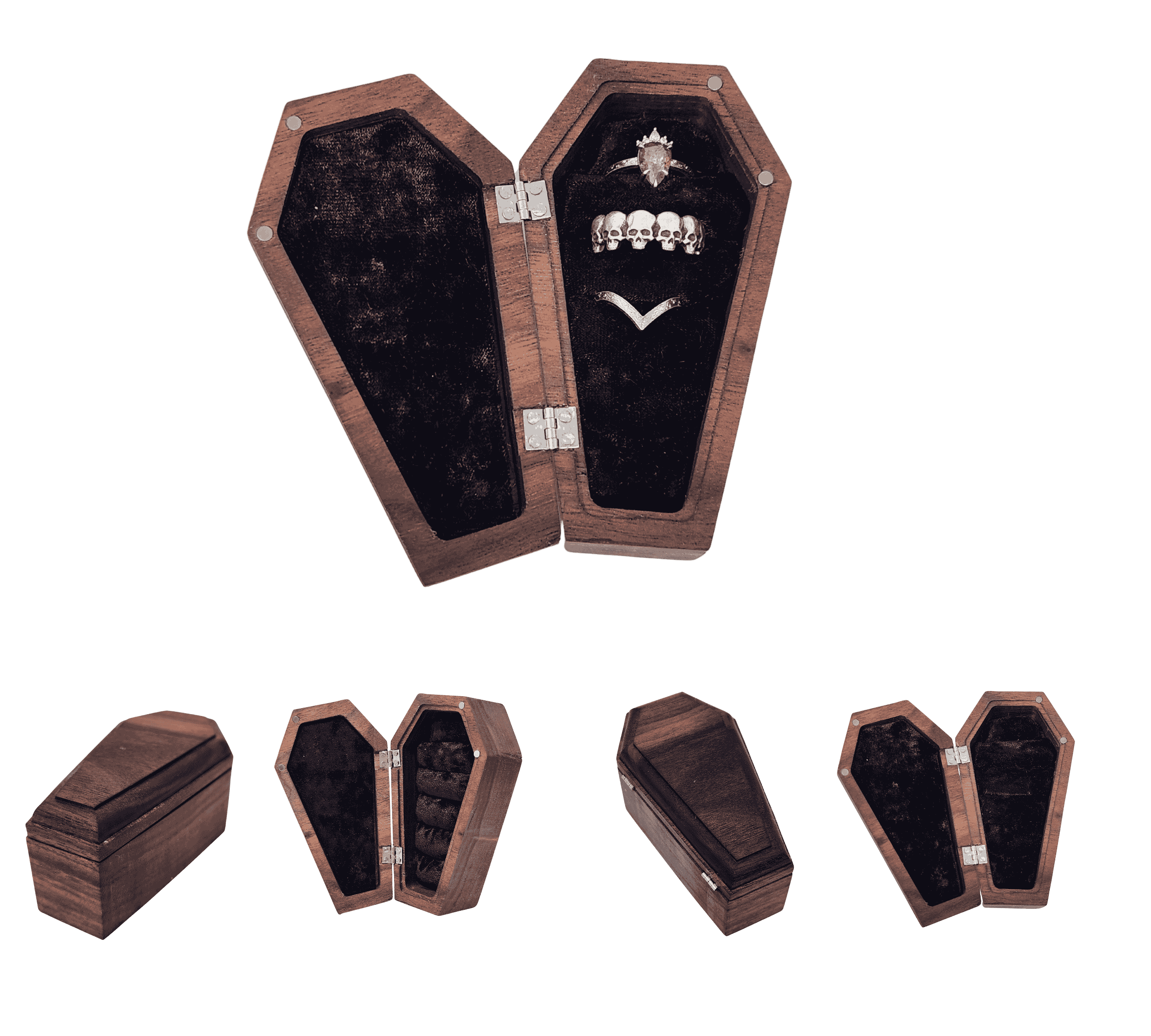 Walnut coffin ring box with black velvet-style foam insert and magnetic closure