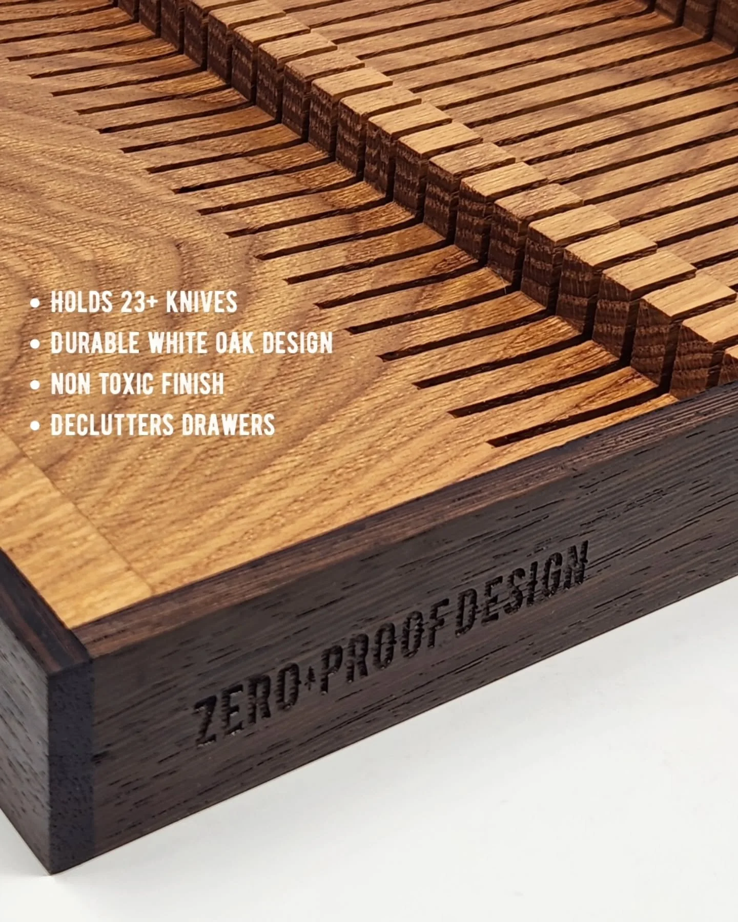 ✨ Transform your kitchen drawer into a sleek, organized space with our premium in-drawer knife block! ✨

Handcrafted from solid white oak with a bold wenge border, this block is as durable as it is beautiful. Measuring 12.5&rdquo; x 17.5&rdquo; x 2&r