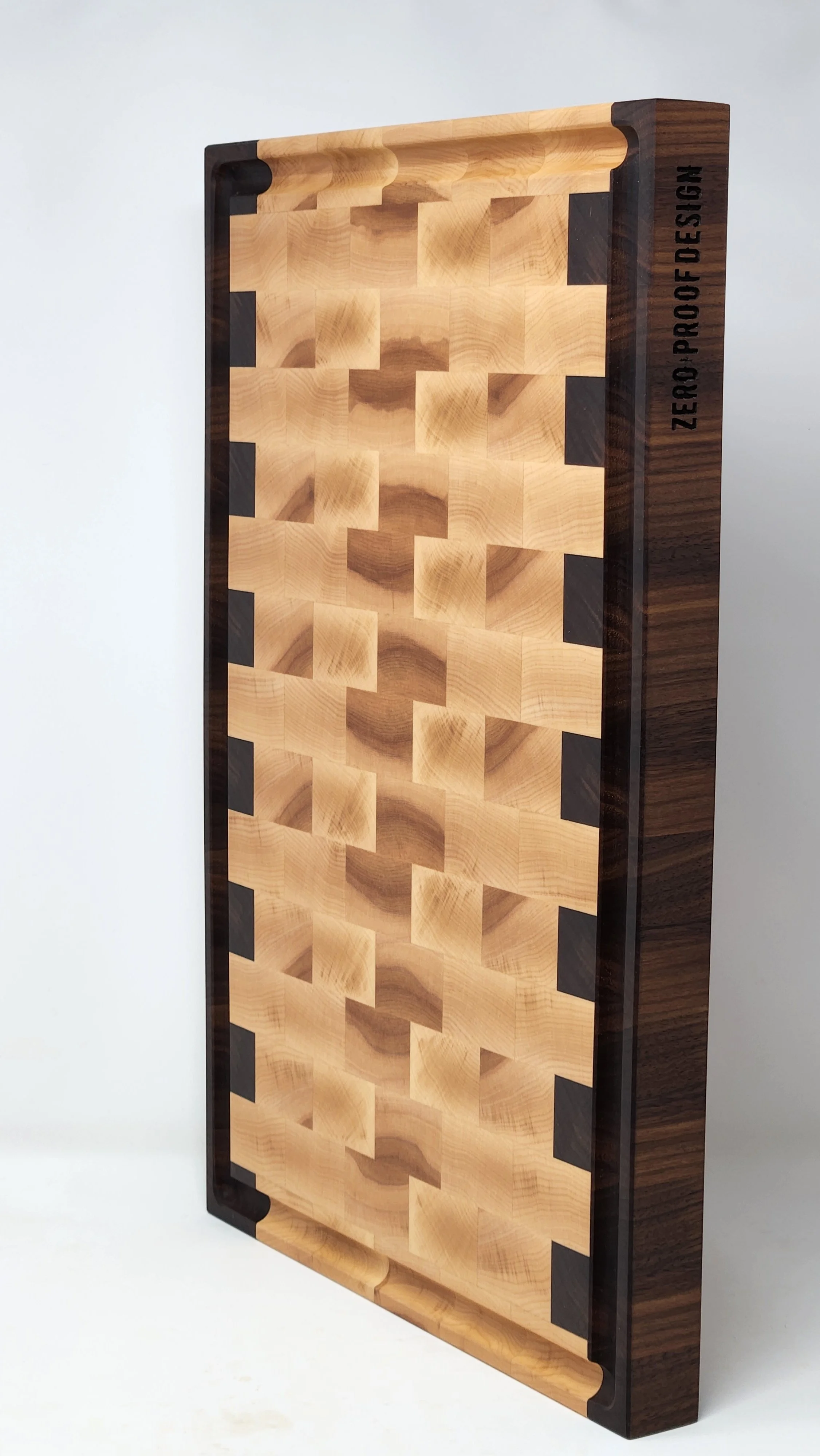 Maple walnut butcher block with juice groove for carving meat and collecting juices
