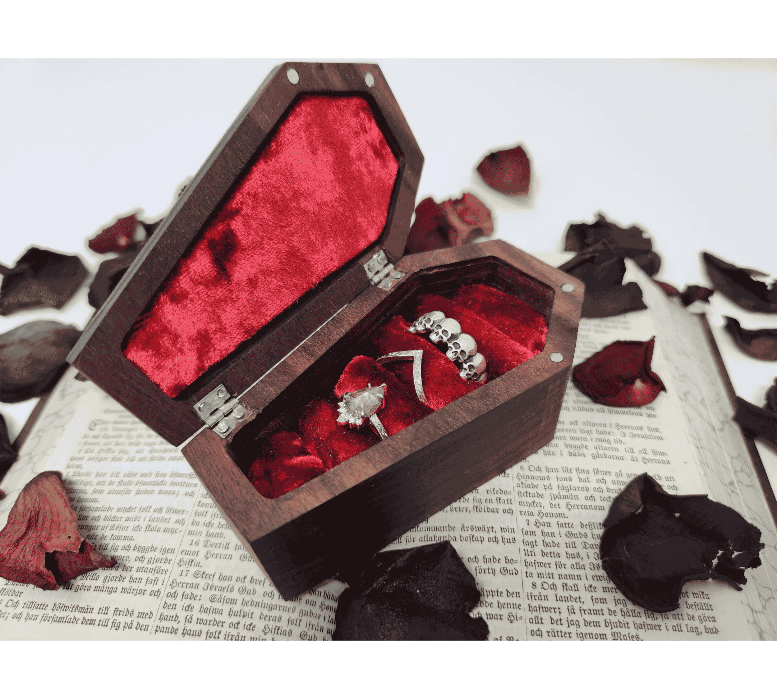 Dark walnut coffin ring box with red insert and secure magnets