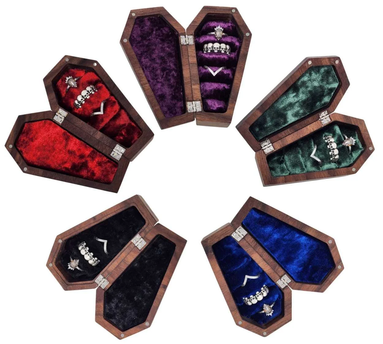 Handcrafted walnut coffin ring box with hidden magnets and velvet lining. Perfect for gothic weddings, proposals and keepsakes. Free US shipping — Zero Proof Design.
